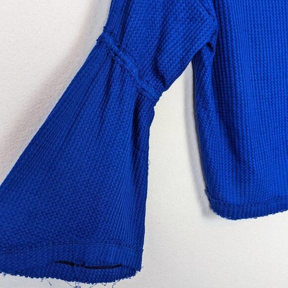 Free People We The Free Sapphire Blue Dahlia Waffle Knit Bell Sleeve Top - Picture 5 of 10